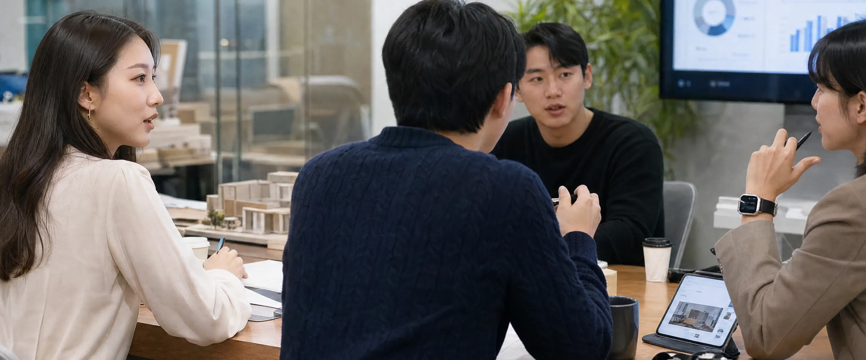 화면 앞에서 브리핑을 함께 보는 장면